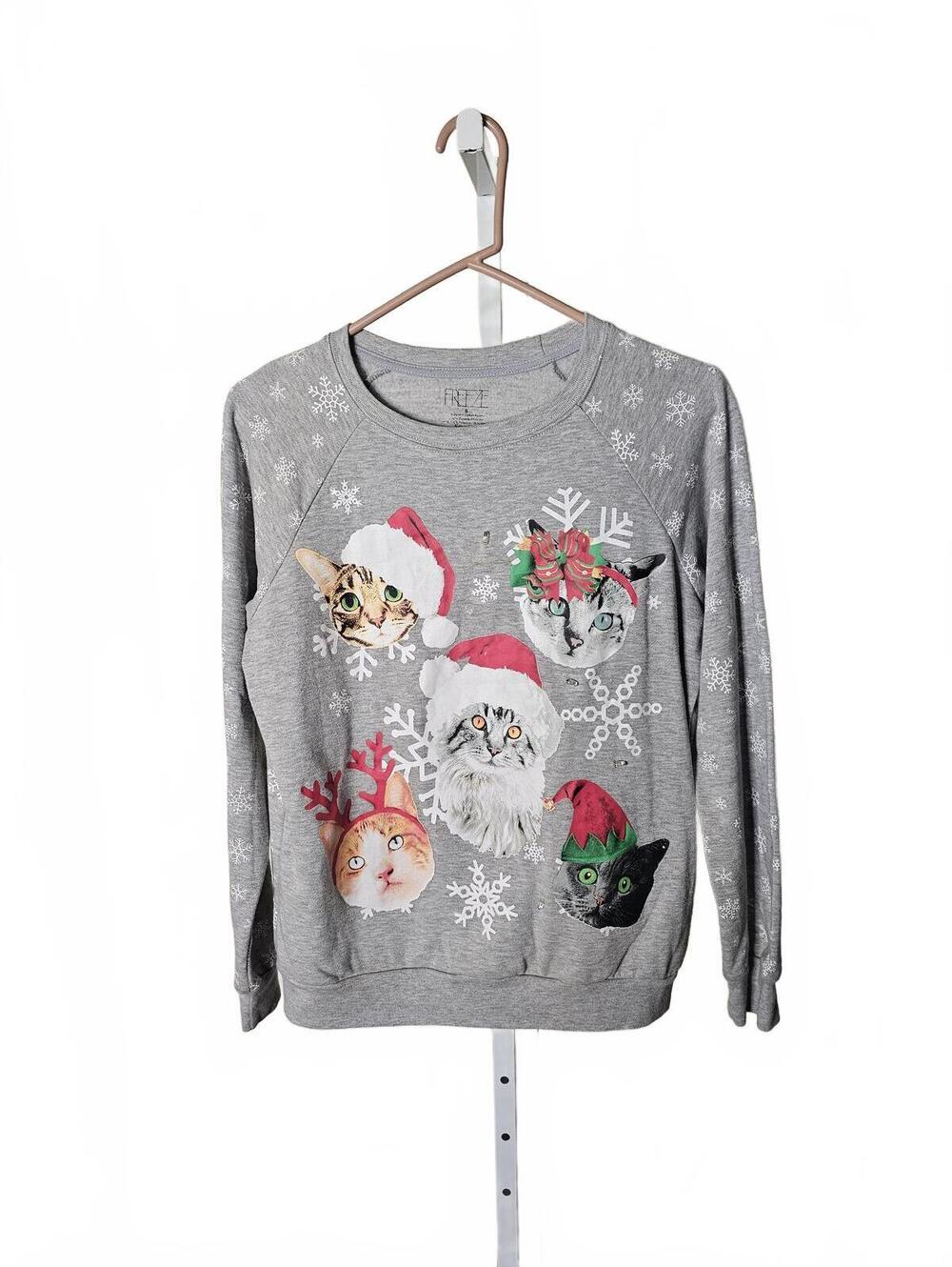 Freeze Gray Holiday Cat Print Sweatshirt Size S